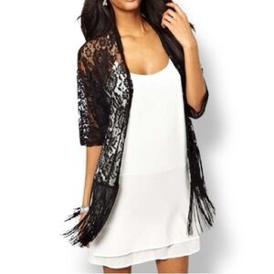 4/$20 Forever 21 Black & Gold Lace Fringe Kimono Open Front Layering Cardigan